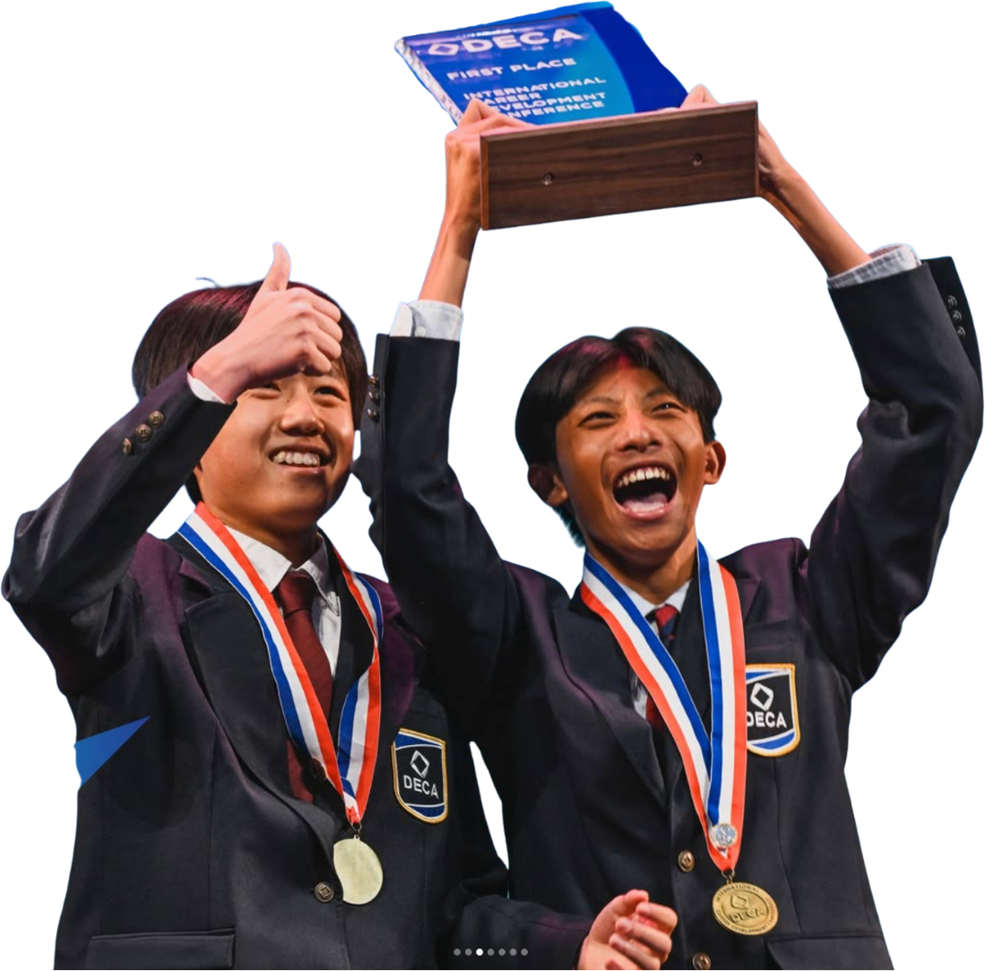 DECA competitors celebrating a first-place win