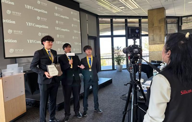 Three DUZZ team members being interviewed on camera by Silicon Valley Times after winning the SVYEP Young Business Venture Competition